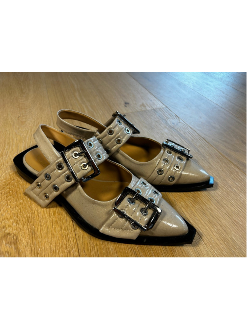 Ganni Wide Welt Buckle Ballerina Flats Taupe Slingback EU 39